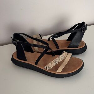 Black and Neutral Strappy Women's Sandals with Snakeskin Accent